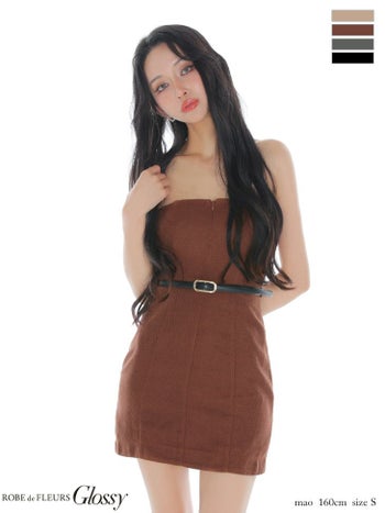 キャバドレス Glossy ROBE de FLEURS グロッシー ローブドフルール ベアトップ ジップデザイン ツイード ウエストベルト タイトミニドレス