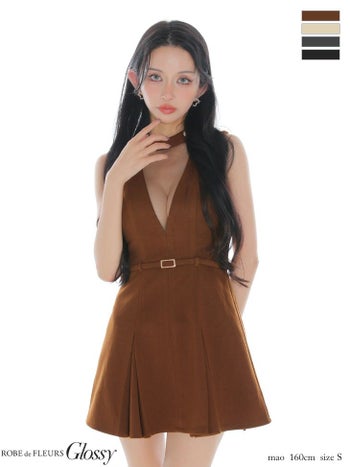 キャバドレス Glossy ROBE de FLEURS グロッシー ローブドフルール ノースリーブ チュール メルトン ウエストベルト Vネック フレアミニドレス