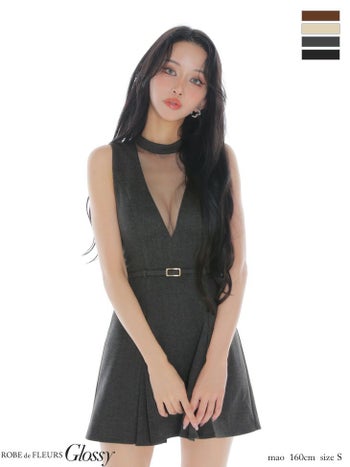 キャバドレス Glossy ROBE de FLEURS グロッシー ローブドフルール ウエストベルト Vネック ノースリーブ チュール メルトン フレアミニドレス