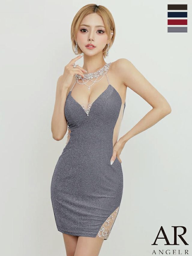 キャバドレス Angel R エンジェルアール ホルターネック パールチェーン Vカット くびれ透け ビジュー メッシュ ラメ セクシー タイトミニドレス