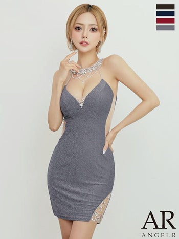 キャバドレス Angel R エンジェルアール ホルターネック パールチェーン Vカット くびれ透け ビジュー メッシュ ラメ セクシー タイトミニドレス