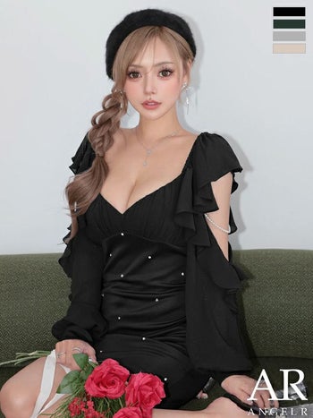 キャバドレス Angel R エンジェルアール フェミニン バストカット 長袖 フリル スリット パールチェーン ビジュー タイトミニドレス