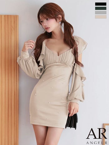 キャバドレス Angel R エンジェルアール バストカット 長袖 フリル スリット パールチェーン ビジュー フェミニン タイトミニドレス