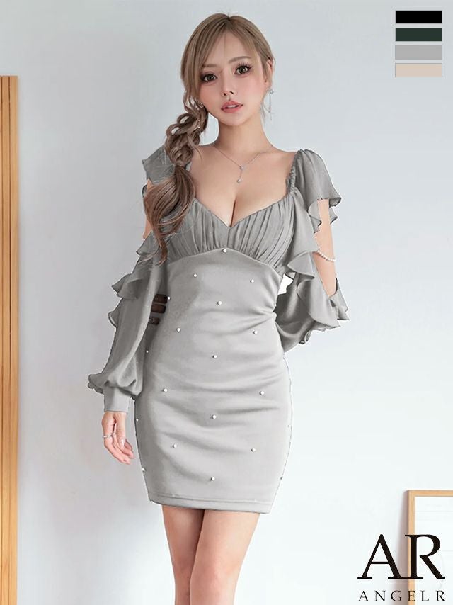 キャバドレス Angel R　エンジェルアール 長袖 フリル スリット パールチェーン ビジュー フェミニン バストカット タイトミニドレス
