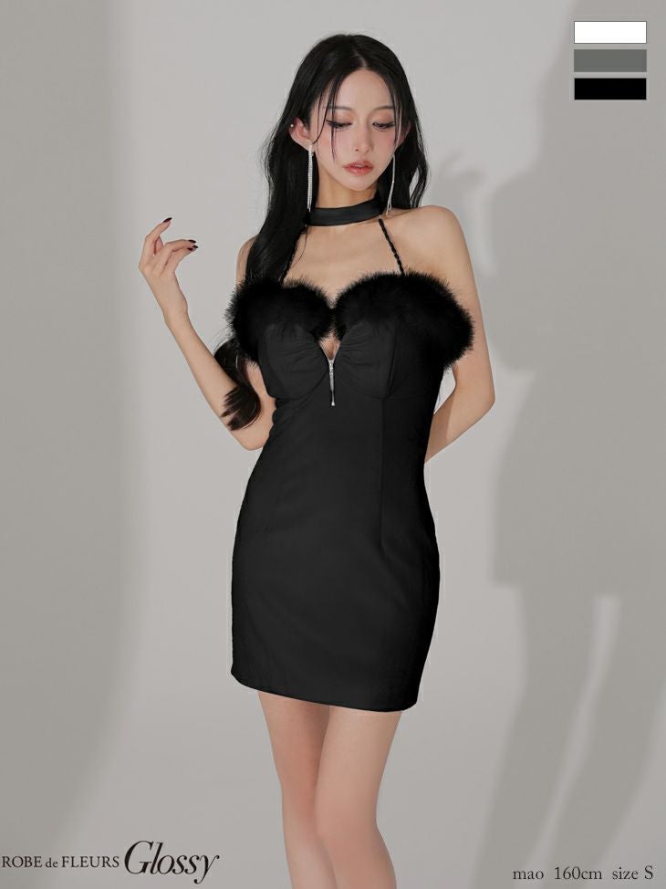 キャバドレス Glossy by ROBE de FLEURS グロッシー チョーカー バックリボン ファー付き ジップデザイン ベロア セクシー ホルターネック タイトミニドレス