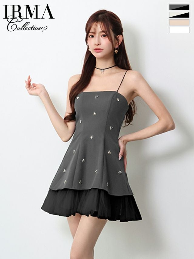 キャバドレス IRMA イルマ キャミソール スタッズ チュール リボンチョーカー付き フレアミニドレス