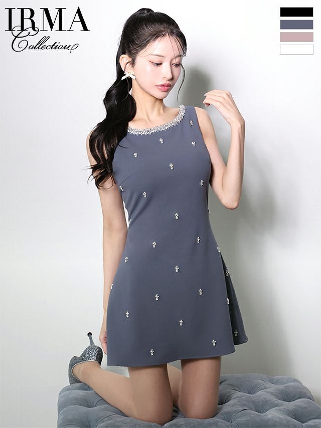 キャバドレス IRMA イルマ ノースリーブ ビジュー ワンカラー フレアミニドレス