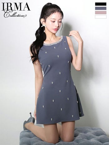 キャバドレス IRMA イルマ ノースリーブ ビジュー ワンカラー フレアミニドレス
