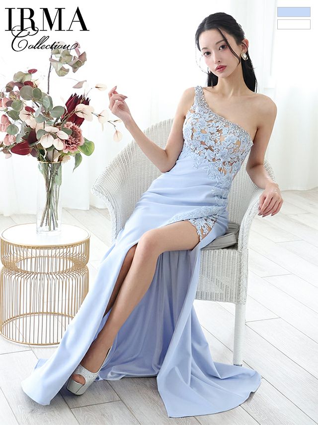 キャバドレス IRMA イルマ ワンショルダー フラワー刺繍 バックレースアップ スリット タイトロングドレス