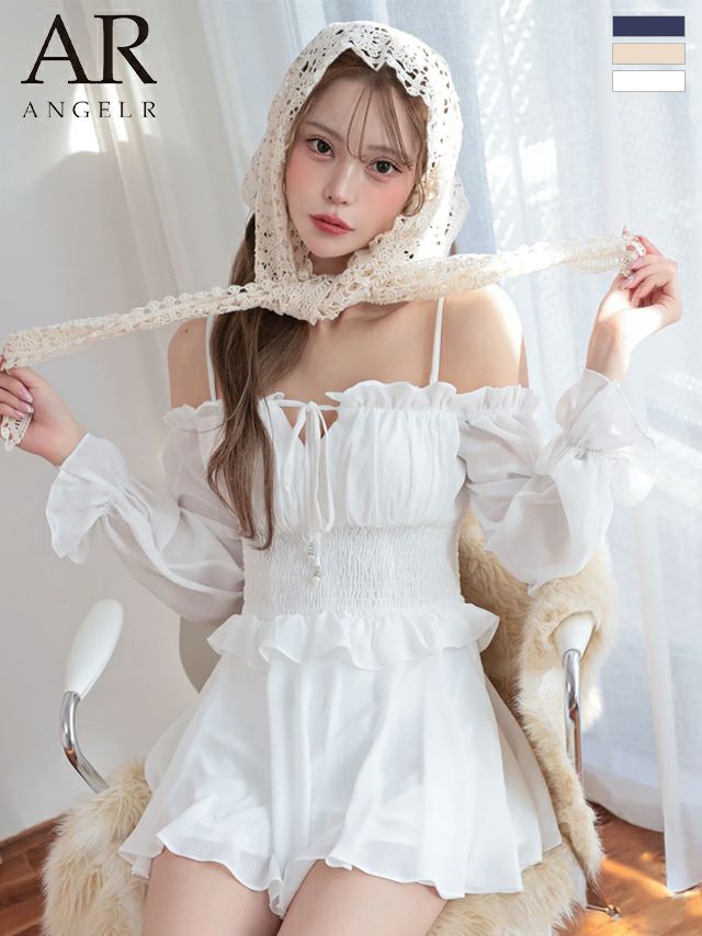 キャバドレス Angel R エンジェルアール オフショルダー 2way 肩あき 長袖 フリル リボン シャーリング Aラインミニドレス 