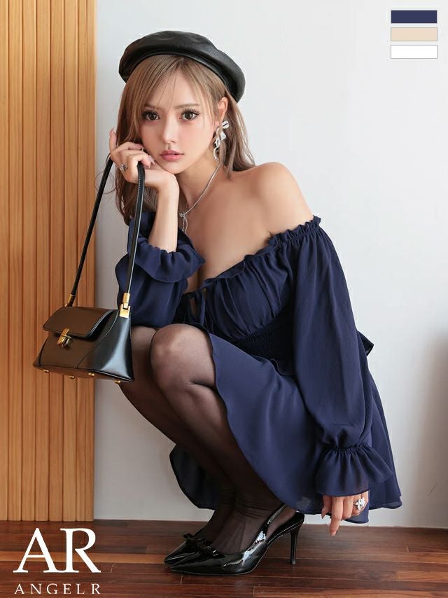 キャバドレス Angel R エンジェルアール 長袖 フリル リボン オフショルダー 2way 肩あき シャーリング Aラインミニドレス