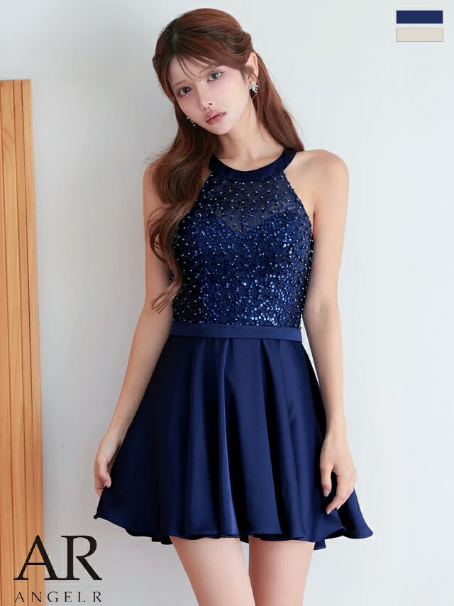 キャバドレス Angel R エンジェルアール リボン チュール スパンコール ビジュー バックオープン ホルターネック フレアミニドレス