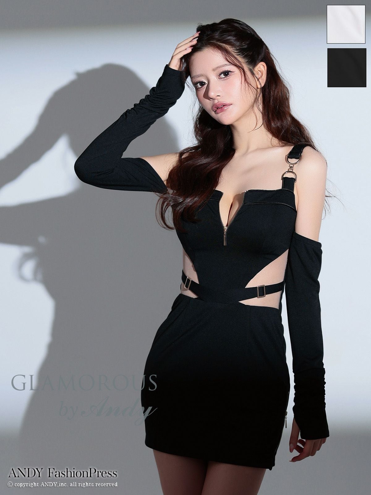 キャバドレス GLAMOROUS グラマラス 肩あき 長袖 ノースリーブ くびれ透け ジップデザイン スクエアネック カットデザイン タイトミニドレス