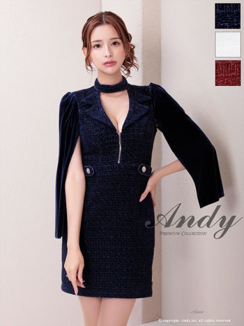 キャバドレス Andy アンディ 長袖 ノースリーブ ジップデザイン ツイード 襟付き 飾りボタン Vカット 2way タイトミニドレス