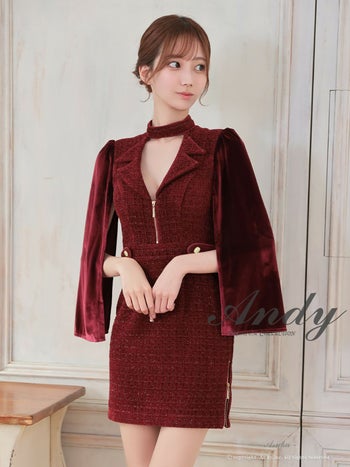 キャバドレス Andy アンディ ジップデザイン ノースリーブ 長袖 ツイード 襟付き 飾りボタン Vカット 2way タイトミニドレス