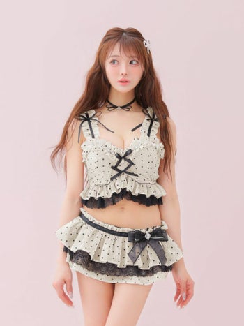 勝負下着 Deco Lingerie デコランジェリー レース オーガンジー フリル サテンリボン ビジュー ドット柄 ガーリー ランジェリー 4点セット