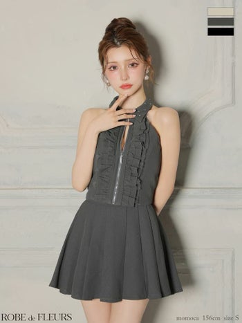 キャバドレス ROBEdeFLEURS ローブドフルール 襟付き ホルターネック ビジュー ジップデザイン フリル プリーツスカート セットアップ ガーリー フレアミニドレス