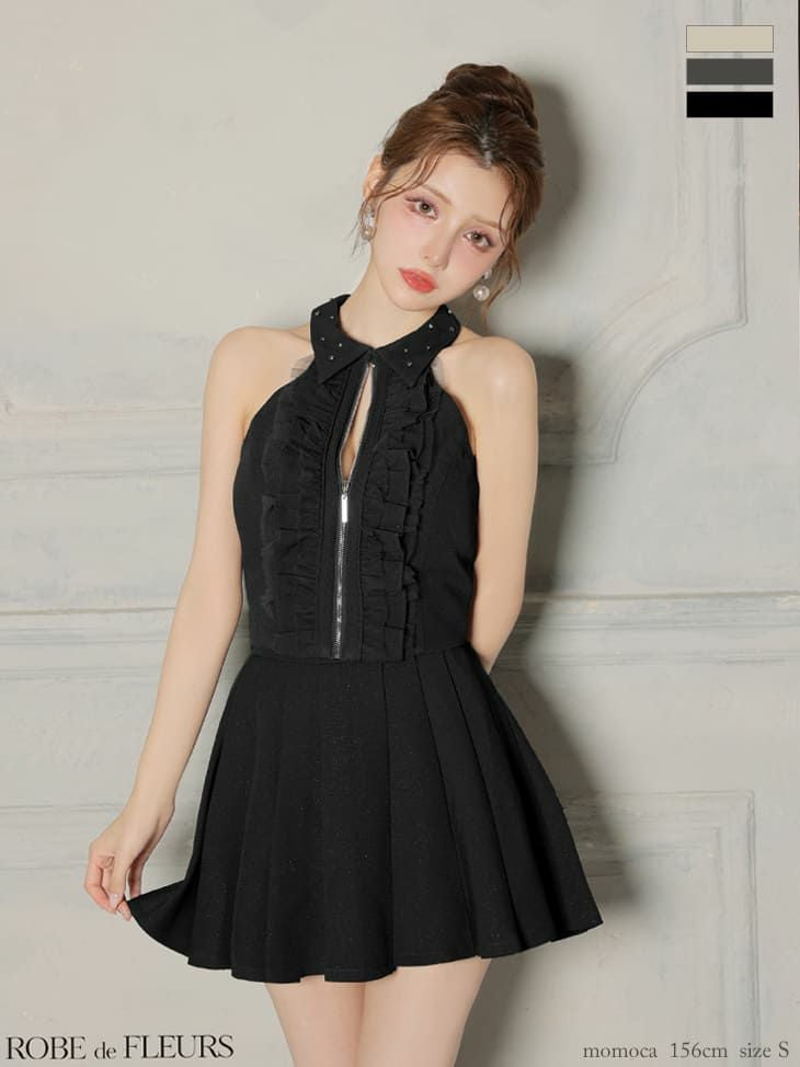キャバドレス ROBEdeFLEURS ローブドフルール ホルターネック ビジュー ジップデザイン フリル プリーツスカート セットアップ ガーリー 襟付き フレアミニドレス