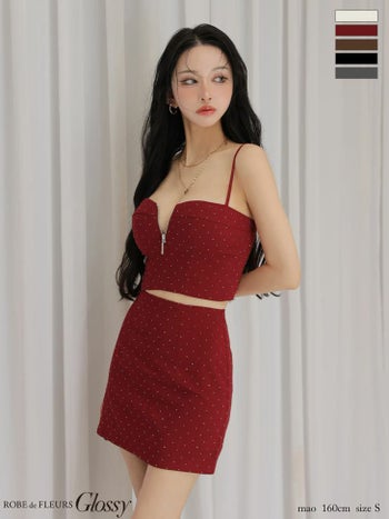 キャバドレス Glossy by ROBE de FLEURS グロッシー キャミソール ジップデザイン ストーン セットアップ セクシー タイトミニドレス