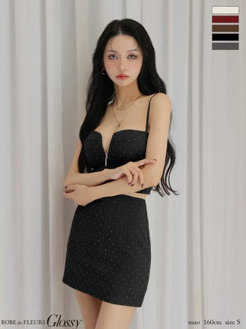 キャバドレス Glossy by ROBE de FLEURS　グロッシー ストーン セットアップ セクシー キャミソール ジップデザイン タイトミニドレス