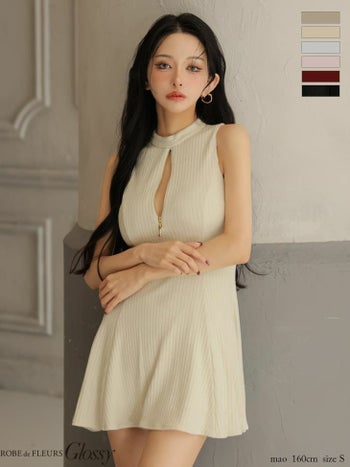 キャバドレス Glossy by ROBE de FLEURS グロッシー ハイネック ノースリーブ ジップデザイン ラメニット セクシー フレアミニドレス