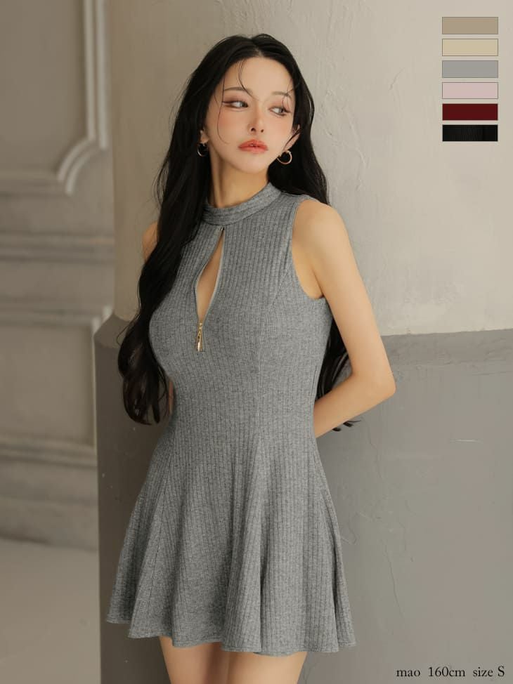 キャバドレス Glossy by ROBE de FLEURS グロッシー ノースリーブ ジップデザイン ラメニット セクシー ハイネック フレアミニドレス