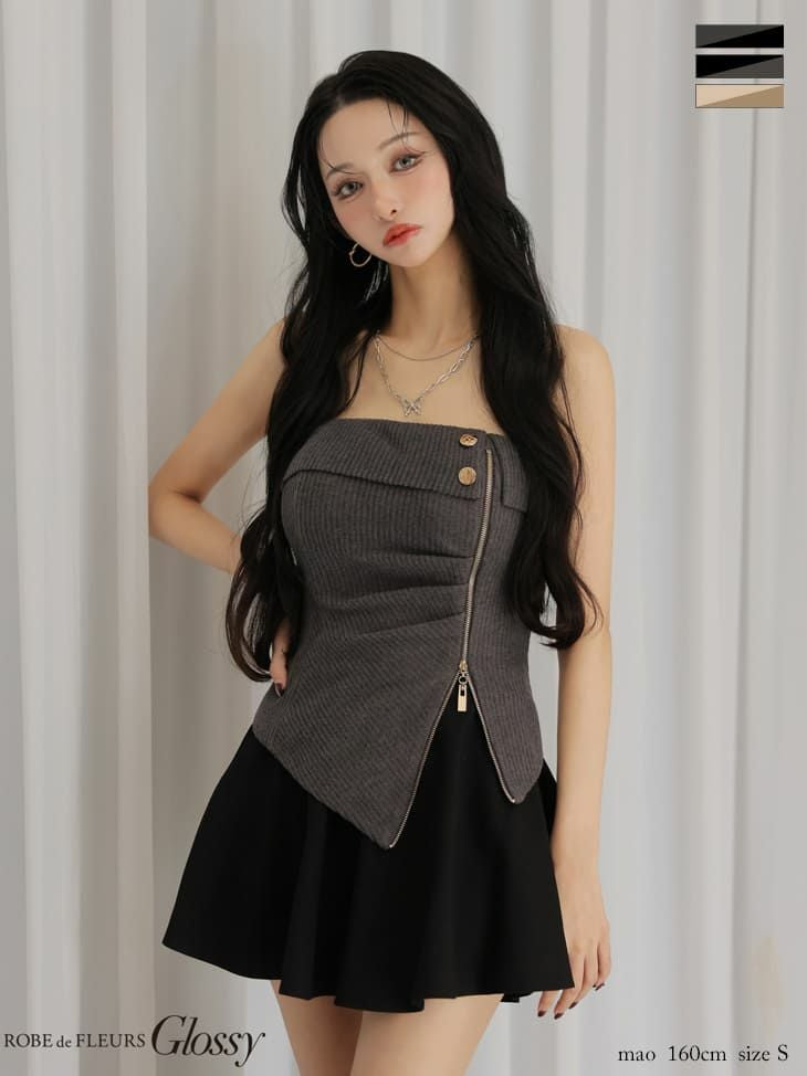 キャバドレス Glossy by ROBE de FLEURS グロッシー セクシー ベア リブ ジップデザイン アシンメトリー セットアップ フレアミニドレス