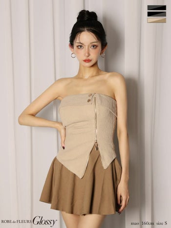 キャバドレス Glossy by ROBE de FLEURS グロッシー ベア リブ ジップデザイン アシンメトリー セットアップ セクシー フレアミニドレス
