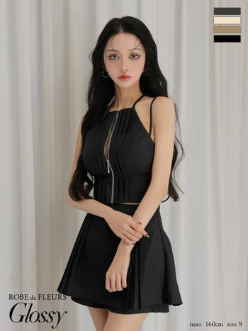 キャバドレス Glossy by ROBE de FLEURS グロッシー タック セットアップ セクシー ホルターネック ジップデザイン フレアミニドレス