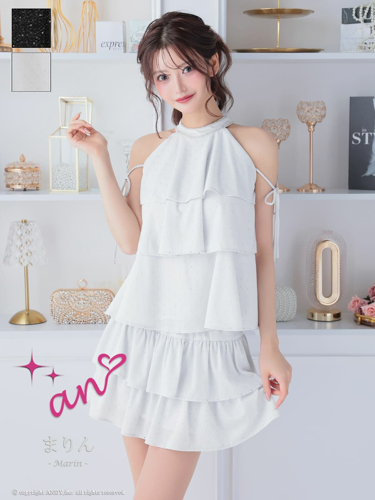 キャバドレス an ホルターネック ドット柄 セットアップ ワンピース ティアード フリル ビジュー リボン フレアミニドレス