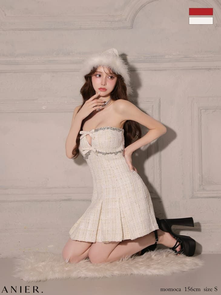 サンタコスプレ anier.ROBE アニエルローブ リボン ビジュー プリーツ ベアデザイン バストカット フレア サンタコスドレス