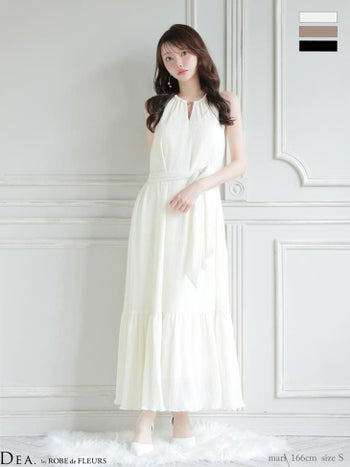 キャバドレス DEA.by ROBE de FLEURS ディア エレガント ノースリーブ Vネック ウエストリボン プリーツシフォン Aラインロングドレス