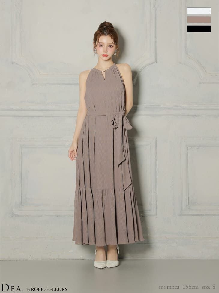 キャバドレス DEA.by ROBE de FLEURS ディア ノースリーブ Vネック ウエストリボン プリーツシフォン エレガント Aラインロングドレス
