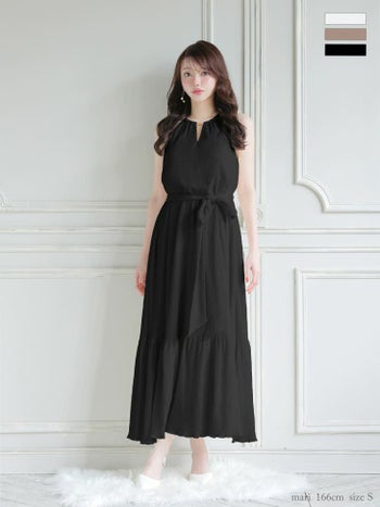 キャバドレス DEA.by ROBE de FLEURS ディア Vネック ウエストリボン プリーツシフォン エレガント ノースリーブ Aラインロングドレス