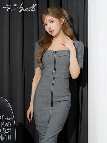 キャバドレス Anella アネラ ジップデザイン 袖あり ウエストベルト シンプル スクエアネック タイト 膝丈ドレス