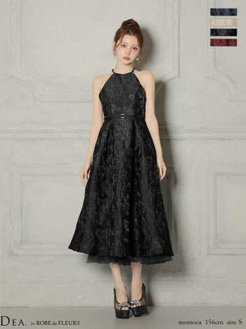 キャバドレス DEA.by ROBE de FLEURS ディア バックオープン ラメジャガード チュール エレガント ホルターネック ウエストベルト Aラインロングドレス