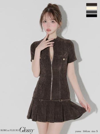 キャバドレス Glossy by ROBE de FLEURS グロッシー セクシー 半袖 ジップデザイン ベルトデザイン プリーツ ワンカラー フレアミニドレス
