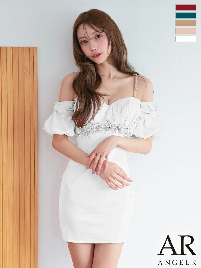 キャバドレス Angel R エンジェルアール 2way 肩あき フリル袖 袖あり リボンバストタック オフショルダー ビジュー タイトミニドレス