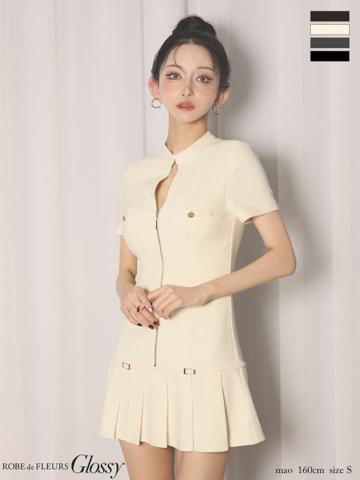 キャバドレス Glossy by ROBE de FLEURS グロッシー 半袖 ジップデザイン ベルトデザイン プリーツ ワンカラー セクシー フレアミニドレス