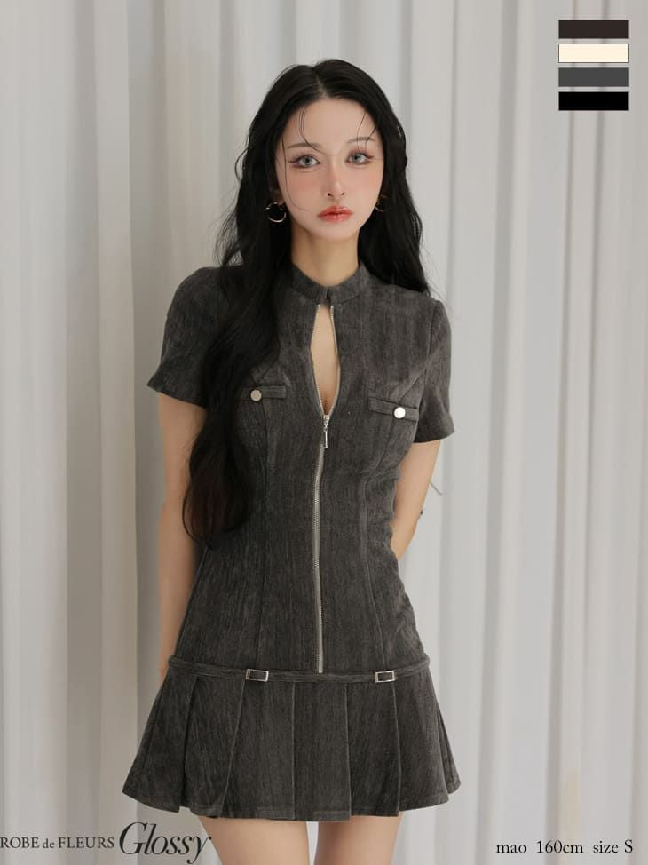 キャバドレス Glossy by ROBE de FLEURS グロッシー ジップデザイン ベルトデザイン プリーツ ワンカラー セクシー 半袖 フレアミニドレス