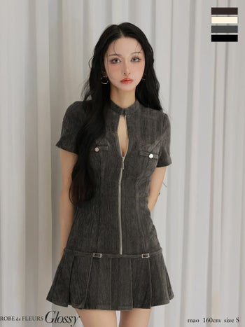 キャバドレス Glossy by ROBE de FLEURS グロッシー ジップデザイン ベルトデザイン プリーツ ワンカラー セクシー 半袖 フレアミニドレス