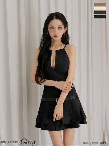 キャバドレス Glossy ROBE de FLEURS グロッシー ローブドフルール ホルターネック ヘリンボーン セクシー レザーベルト プリーツスカート フレアミニドレス