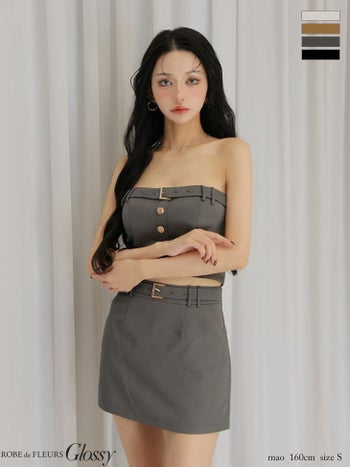 キャバドレス Glossy by ROBE de FLEURS グロッシー ベア キャミソール フロントボタン ベルトデザイン ワンカラー セットアップ セクシー 2way フレアミニドレス