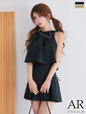 キャバドレス Angel R エンジェルアール ノースリーブ プリーツスカート リボン チェーン セットアップ 襟付き ポケット フレアミニドレス 