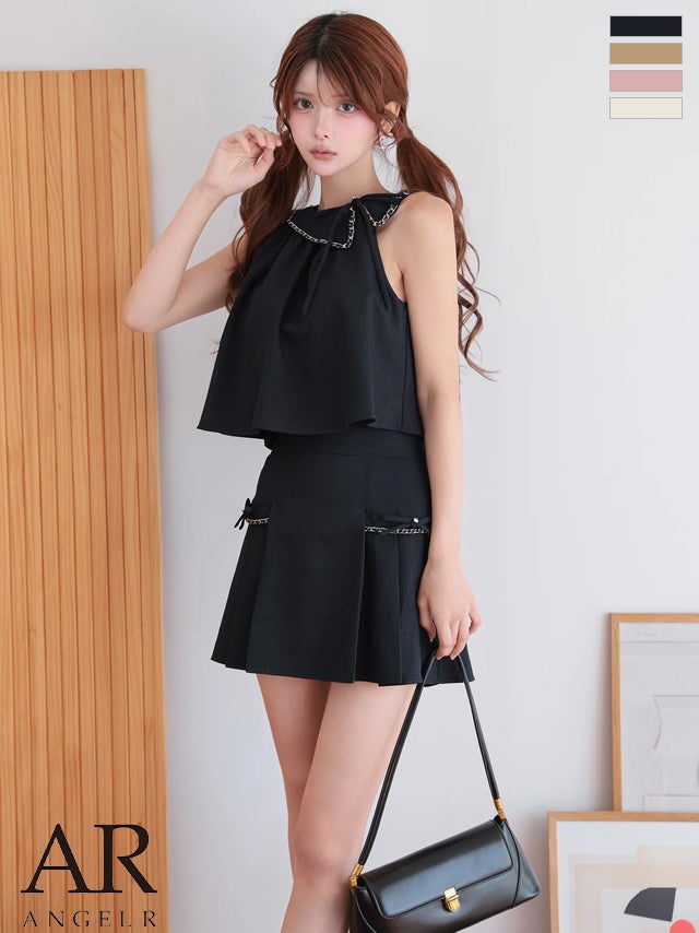 キャバドレス Angel R エンジェルアール ノースリーブ プリーツスカート リボン チェーン セットアップ 襟付き ポケット フレアミニドレス 