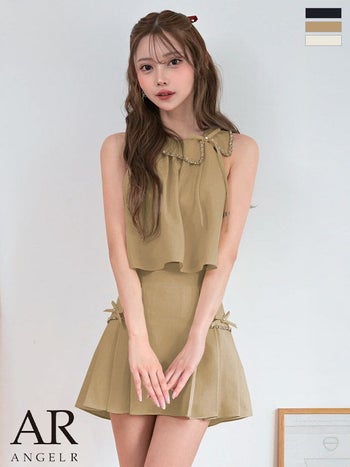 キャバドレス Angel R エンジェルアール セットアップ 襟付き ポケット ノースリーブ プリーツスカート リボン チェーン フレアミニドレス