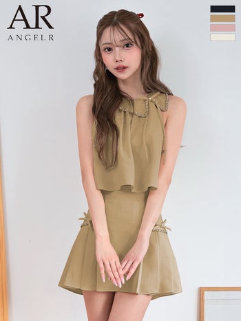 キャバドレス Angel R エンジェルアール セットアップ 襟付き ポケット ノースリーブ プリーツスカート リボン チェーン フレアミニドレス