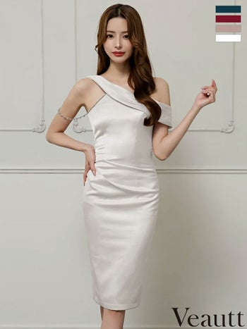 キャバドレス Veautt ヴュート サテン ビジューチェーン スリット アシンメトリー ワンショルダー エレガント 膝丈ドレス