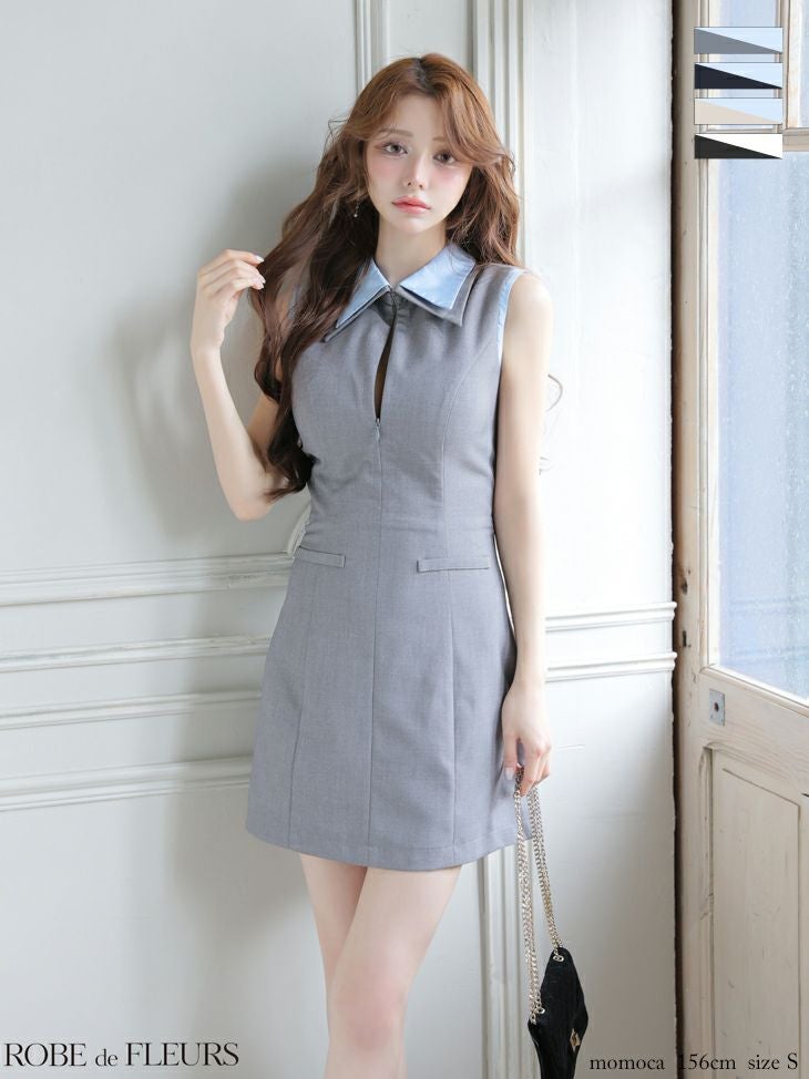 キャバドレス ROBEdeFLEURS ローブドフルール 襟付き ノースリーブ バイカラー シンプル ノースリーブ キーホールカット フレアミニドレス
