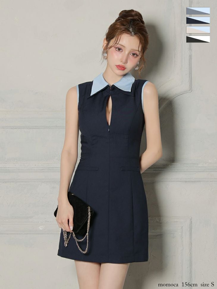 キャバドレス ROBEdeFLEURS ローブドフルール ノースリーブ キーホールカット 襟付き ノースリーブ バイカラー シンプル フレアミニドレス